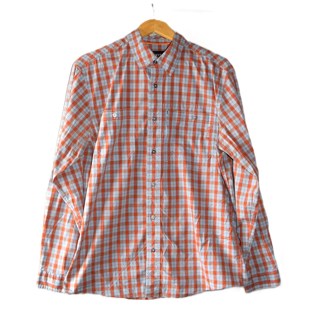 Orvis Button Down Shirt Mens Medium Orange Blue Plaid Active Fit Stretch Shirt